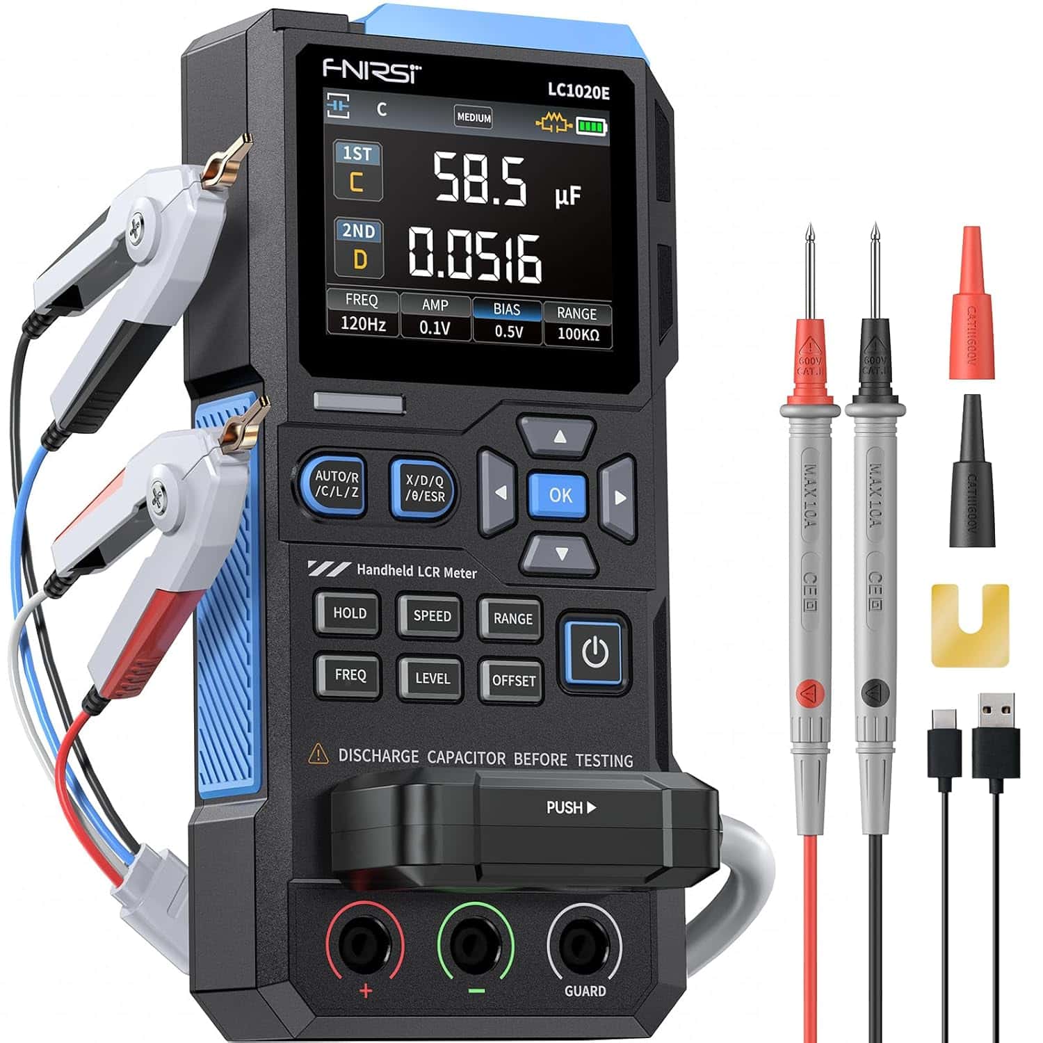 FNIRSI FNIRSI LC1020E High Precision Handheld LCR Meter | 100kHz ESR Tester with Kelvin Clips - Component Testing